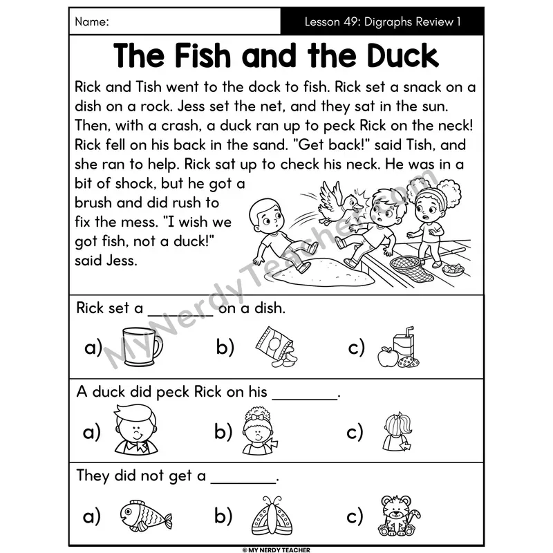 Digraphs Review 1 Decodable Passage - The Fish and the Duck (Picture Choices)