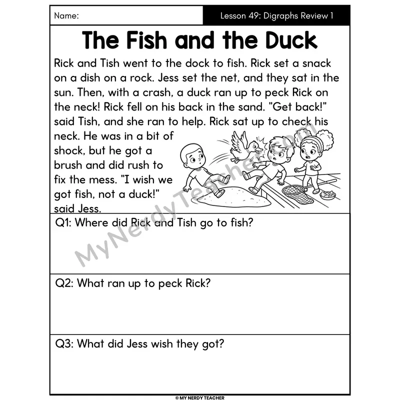 Digraphs Review 1 Decodable Passage - The Fish and the Duck (Answer Boxes)