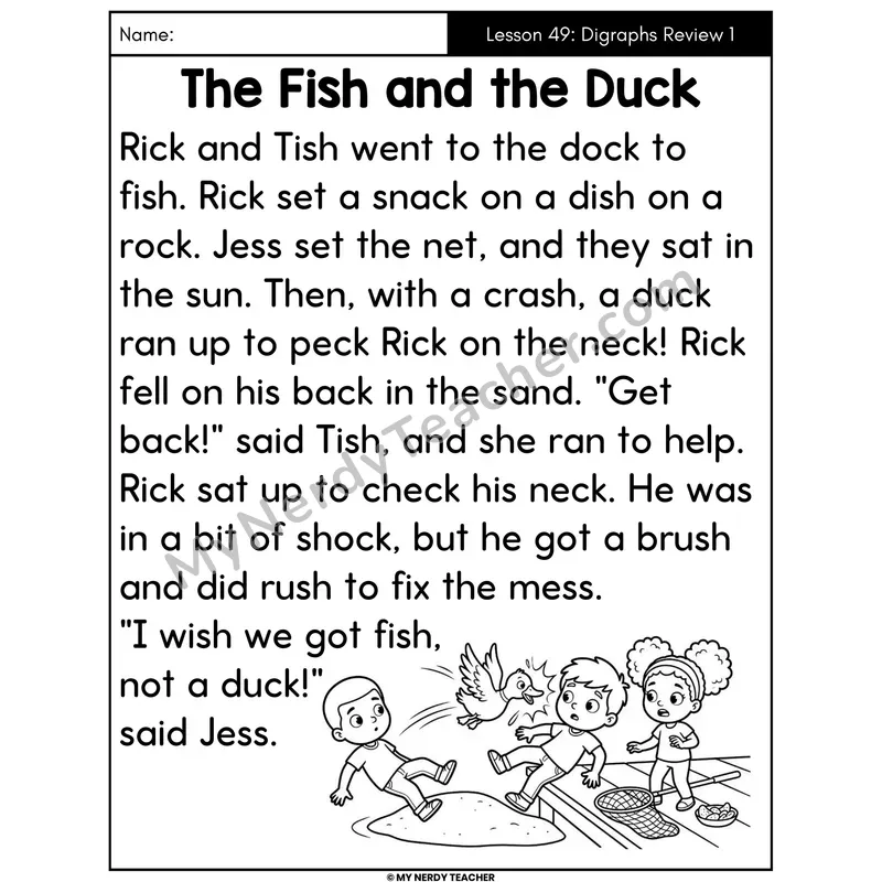 Digraphs Review 1 Decodable Passage - The Fish and the Duck (Large Print)