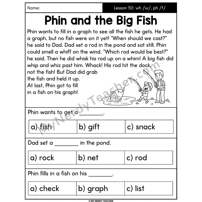 wh and ph Digraphs Decodable Passage - Phin and the Big Fish (Multiple Choice)
