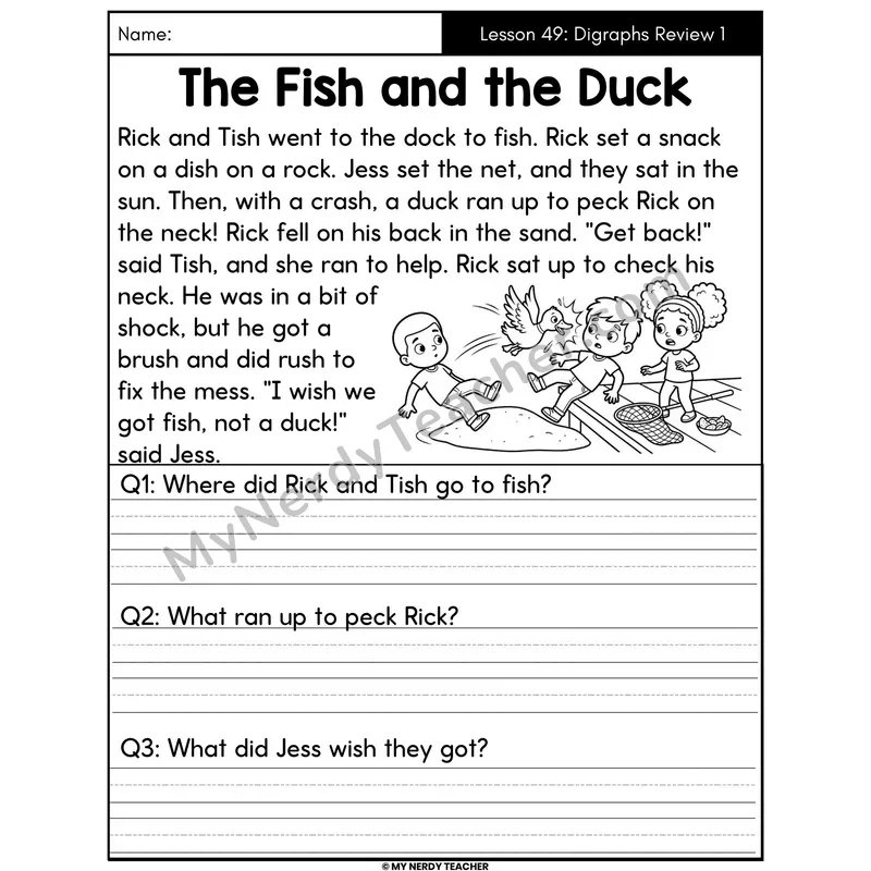 Digraphs Review 1 Decodable Passage - The Fish and the Duck (Written Answers)