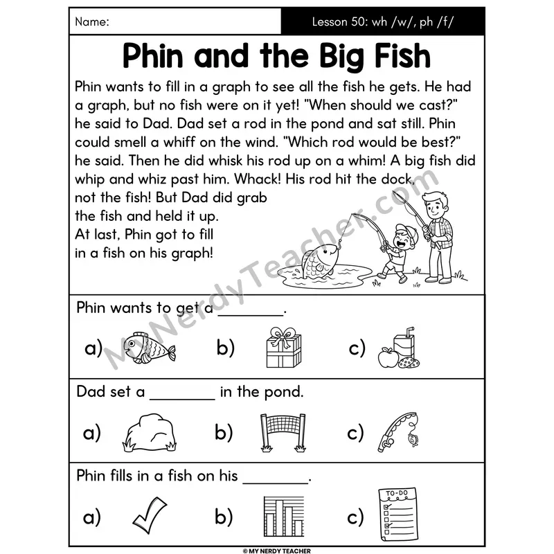wh and ph Digraphs Decodable Passage - Phin and the Big Fish (Picture Choices)