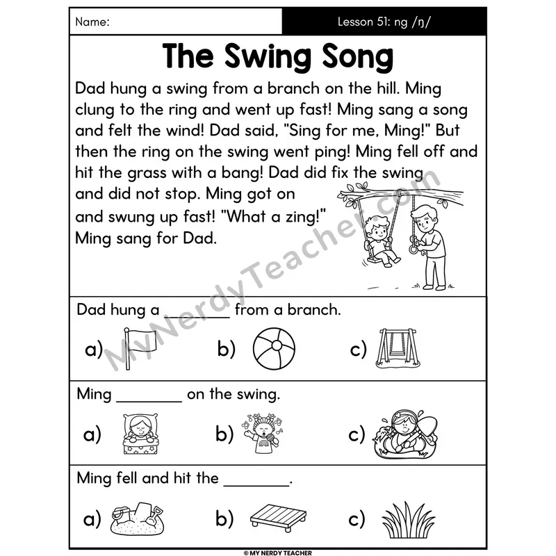 ng Glued Sound Decodable Passage - The Swing Song (Picture Choices)