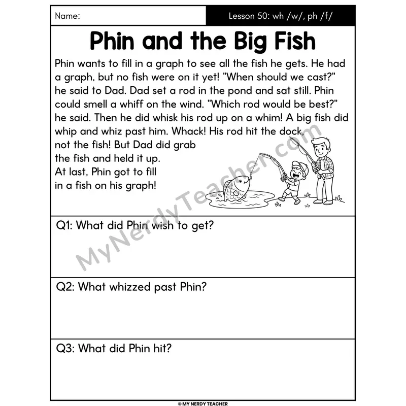 wh and ph Digraphs Decodable Passage - Phin and the Big Fish (Answer Boxes)