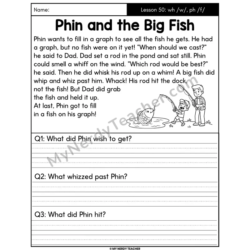wh and ph Digraphs Decodable Passage - Phin and the Big Fish (Written Answers)