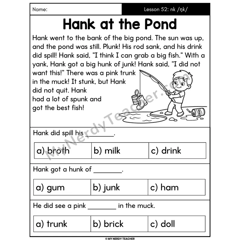 nk Glued Sound Decodable Passage - Hank at the Pond (Multiple Choice)