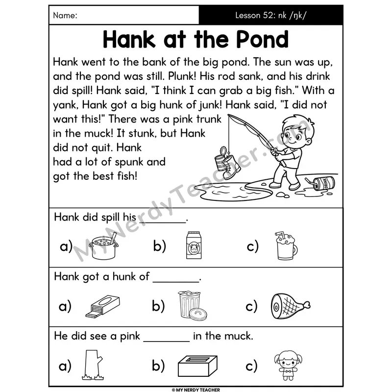 nk Glued Sound Decodable Passage - Hank at the Pond (Picture Choices)