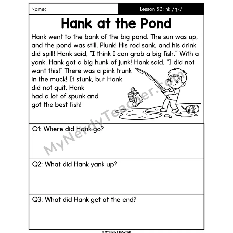 nk Glued Sound Decodable Passage - Hank at the Pond (Answer Boxes)