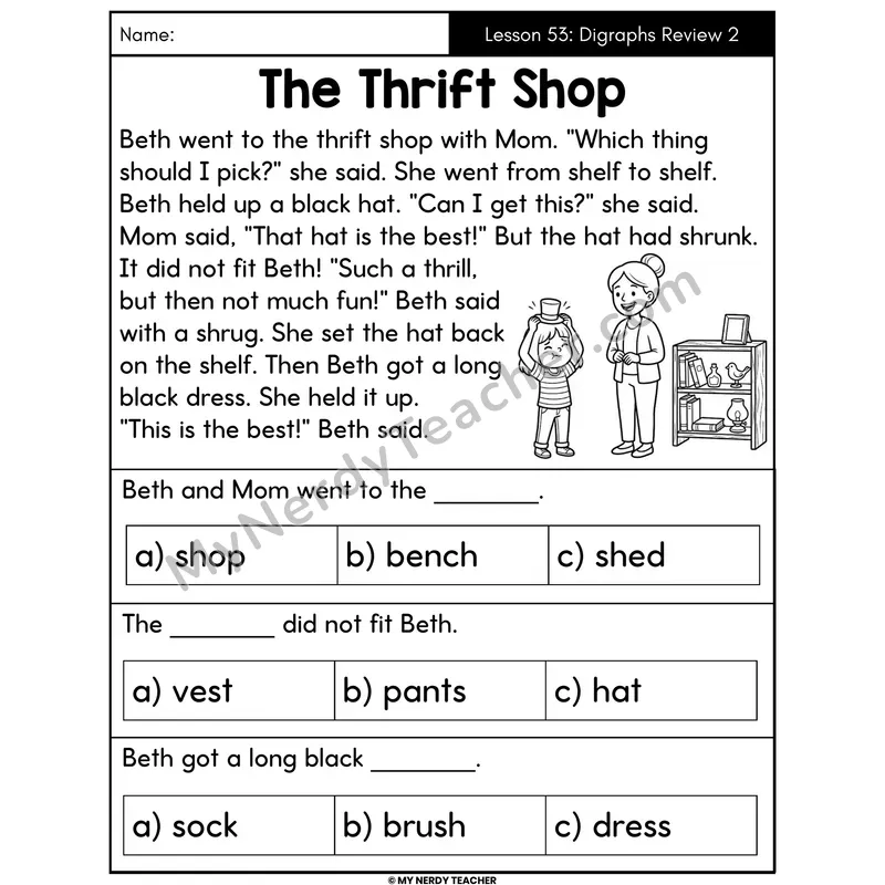 Digraphs Review 2 Decodable Passage - The Thrift Shop (Multiple Choice)