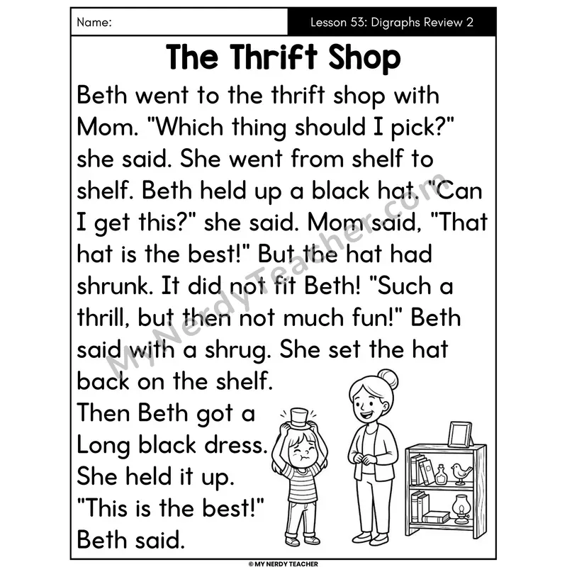 Digraphs Review 2 Decodable Passage - The Thrift Shop (Large Print)