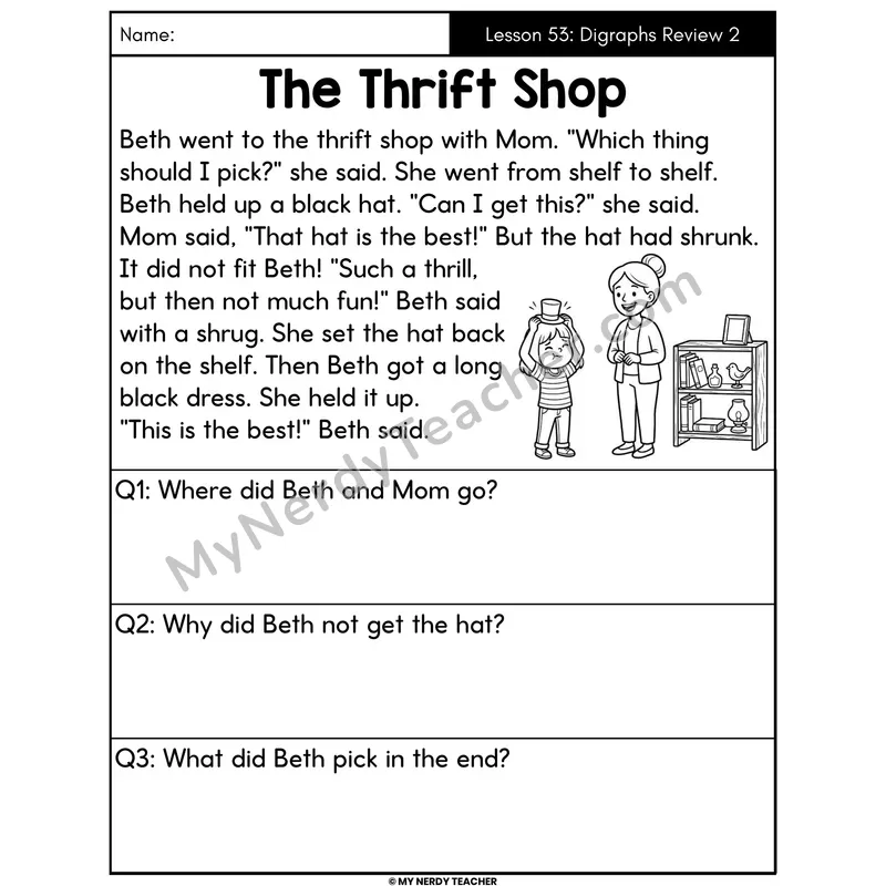 Digraphs Review 2 Decodable Passage - The Thrift Shop (Answer Boxes)