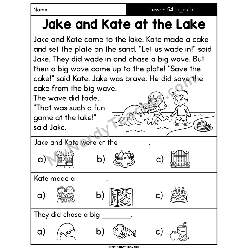 a_e Long A Silent E Decodable Passage - Jake and Kate at the Lake (Picture Choices)