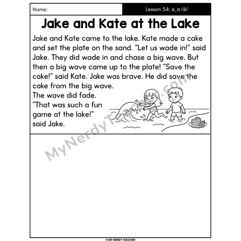 a_e Long A Silent E Decodable Passage - Jake and Kate at the Lake (Draw the Story)
