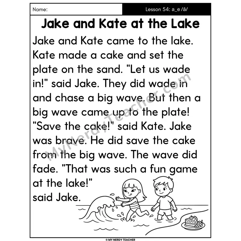 a_e Long A Silent E Decodable Passage - Jake and Kate at the Lake (Large Print)