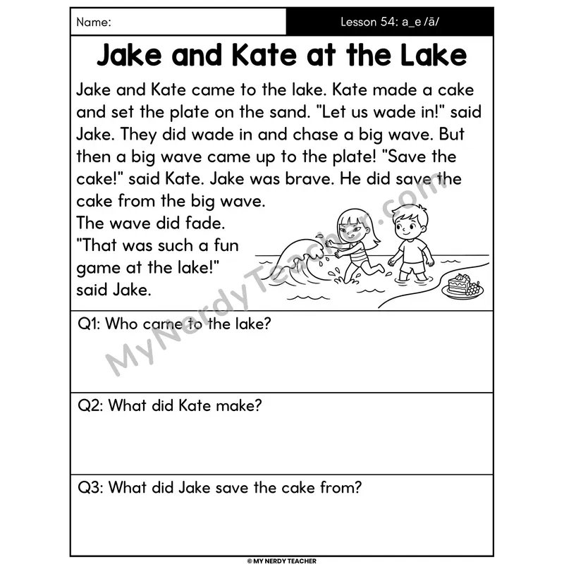 a_e Long A Silent E Decodable Passage - Jake and Kate at the Lake (Answer Boxes)