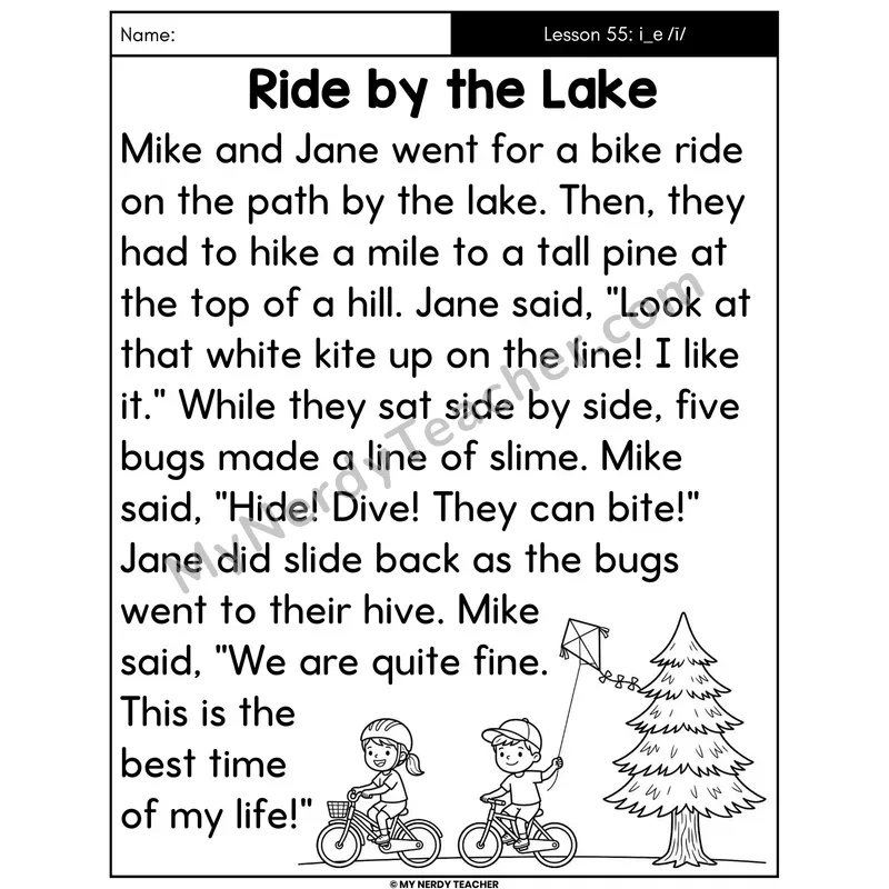 i_e Long I Silent E Decodable Passage - Ride by the Lake (Large Print)