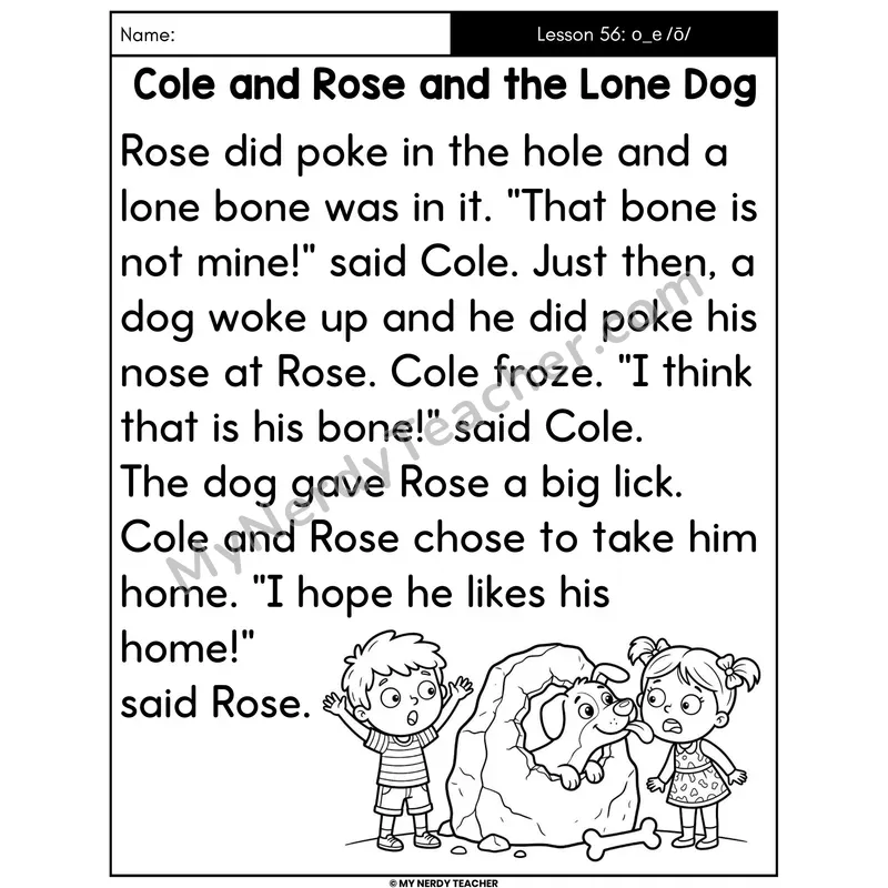 o_e Long O Silent E Decodable Passage - Cole and Rose and the Lone Dog (Large Print)