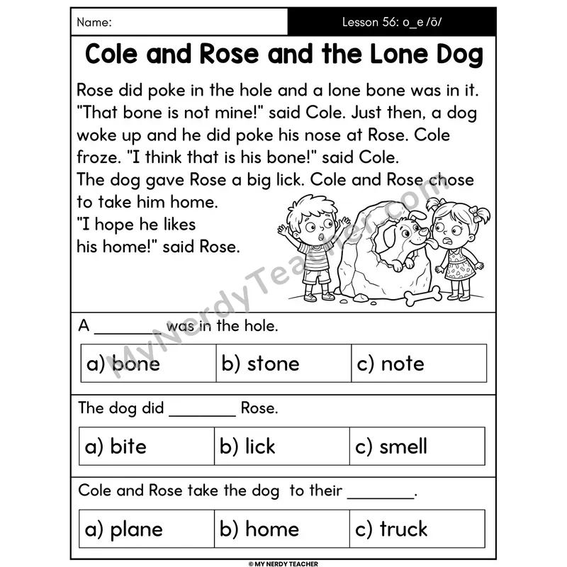 o_e Long O Silent E Decodable Passage - Cole and Rose and the Lone Dog (Multiple Choice)