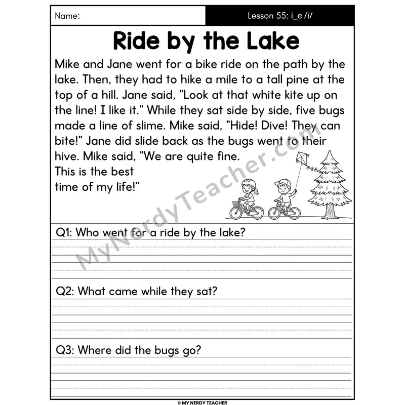 i_e Long I Silent E Decodable Passage - Ride by the Lake (Written Answers)