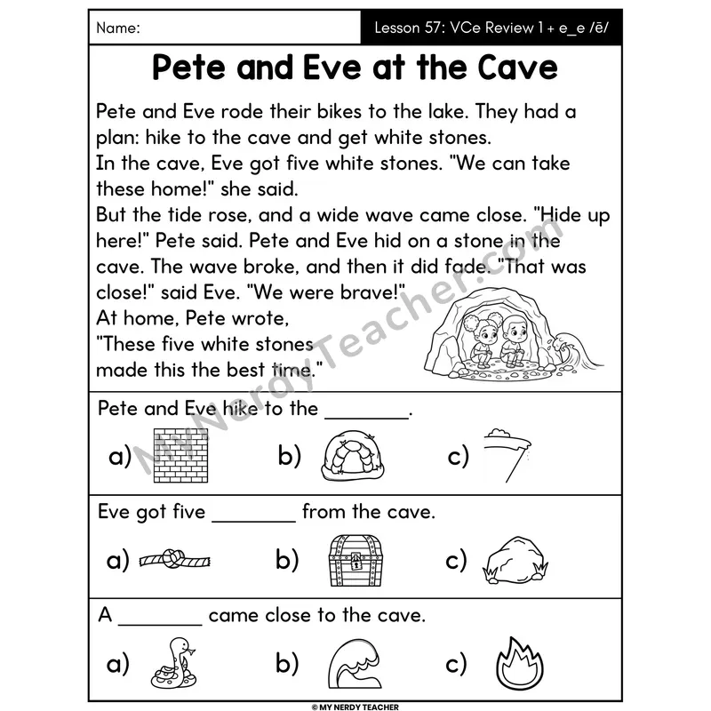 VCe Review 1 and e_e Decodable Passage - Pete and Eve at the Cave (Picture Choices)