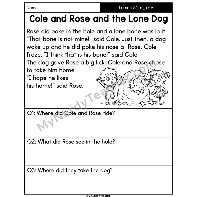 o_e Long O Silent E Decodable Passage - Cole and Rose and the Lone Dog (Answer Boxes)