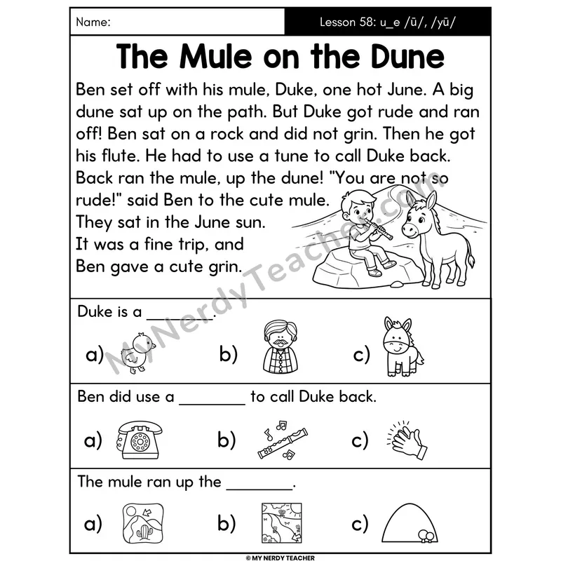 u_e Long U Silent E Decodable Passage - The Mule on the Dune (Picture Choices)