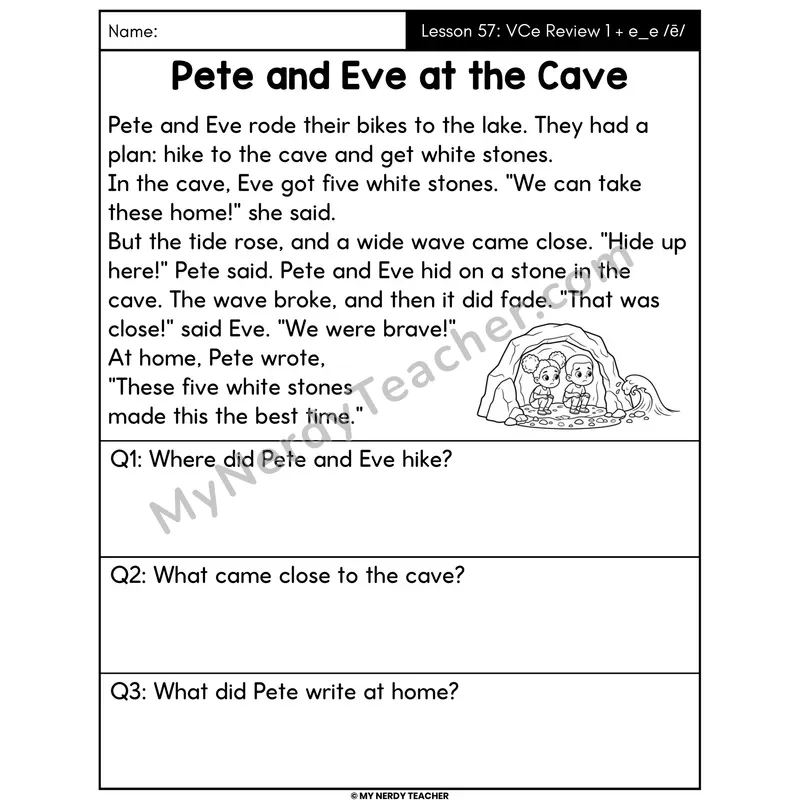 VCe Review 1 and e_e Decodable Passage - Pete and Eve at the Cave (Answer Boxes)
