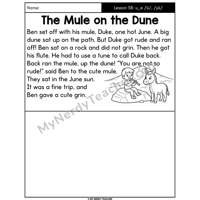 u_e Long U Silent E Decodable Passage - The Mule on the Dune (Draw the Story)