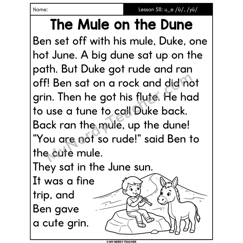 u_e Long U Silent E Decodable Passage - The Mule on the Dune (Large Print)