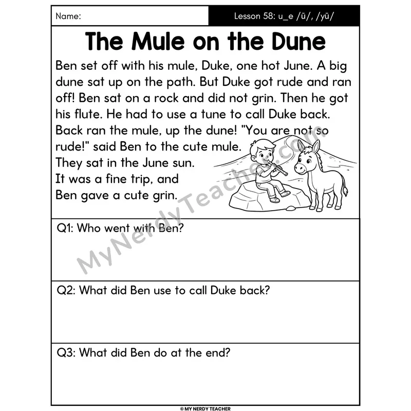 u_e Long U Silent E Decodable Passage - The Mule on the Dune (Answer Boxes)