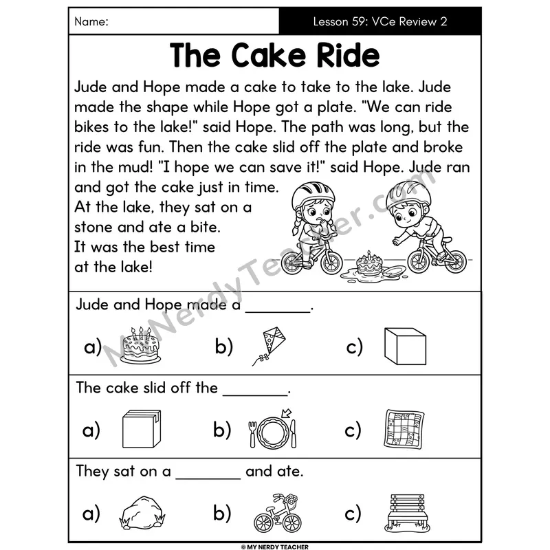 VCe Silent E Review 2 Decodable Passage - The Cake Ride (Picture Choices)