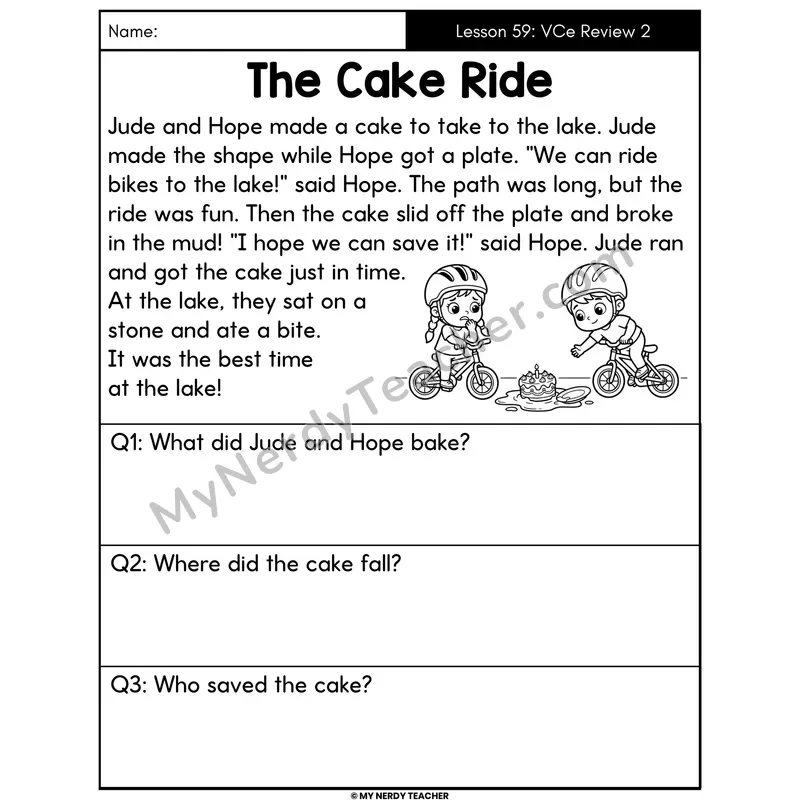 VCe Silent E Review 2 Decodable Passage - The Cake Ride (Answer Boxes)