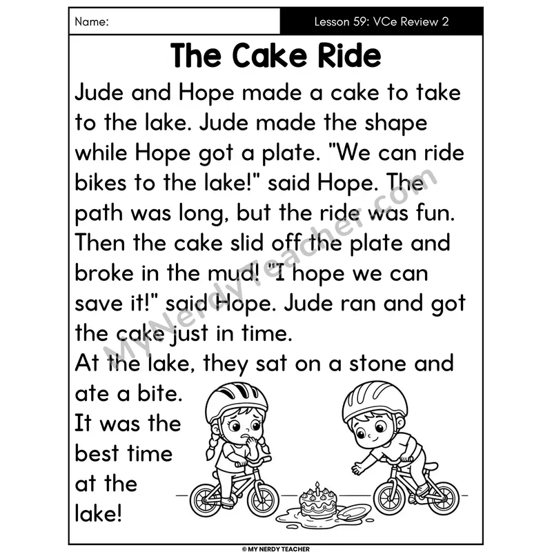 VCe Silent E Review 2 Decodable Passage - The Cake Ride (Large Print)