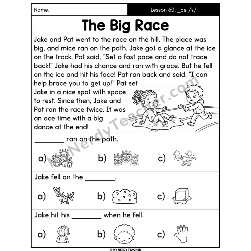 Soft C _ce Decodable Passage - The Big Race (Picture Choices)
