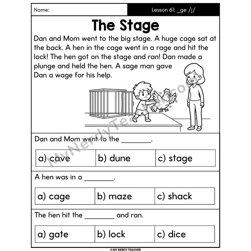 Soft G _ge Decodable Passage - The Stage (Multiple Choice)
