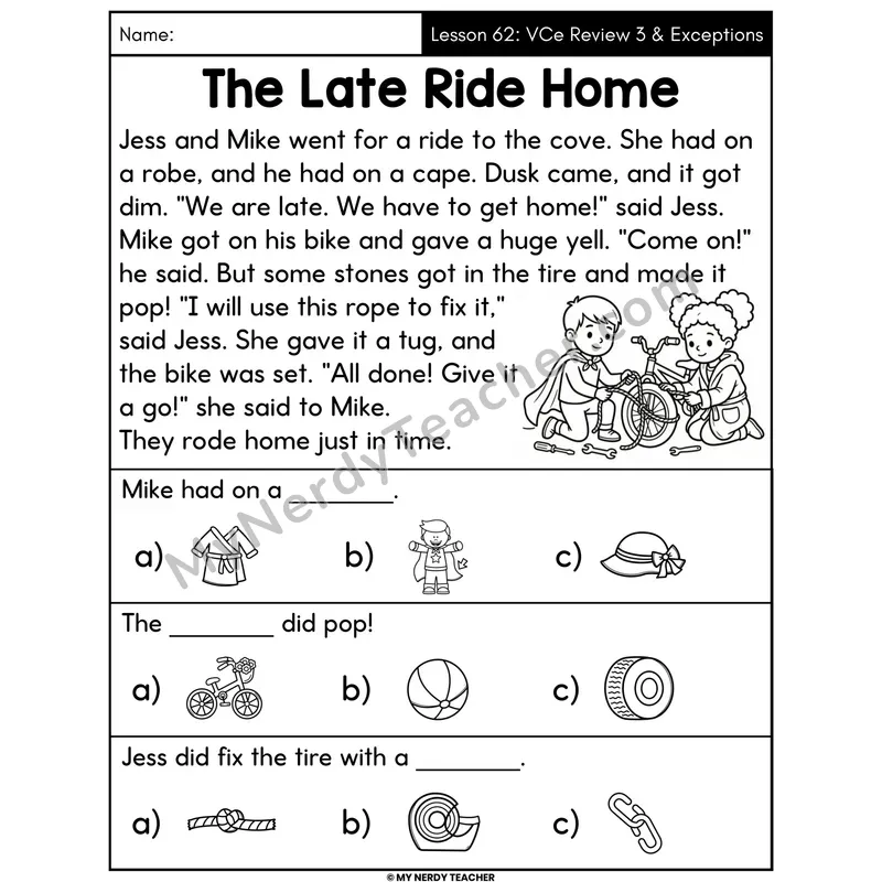 VCe Review 3 and Exceptions Decodable Passage - The Late Ride Home (Picture Choices)