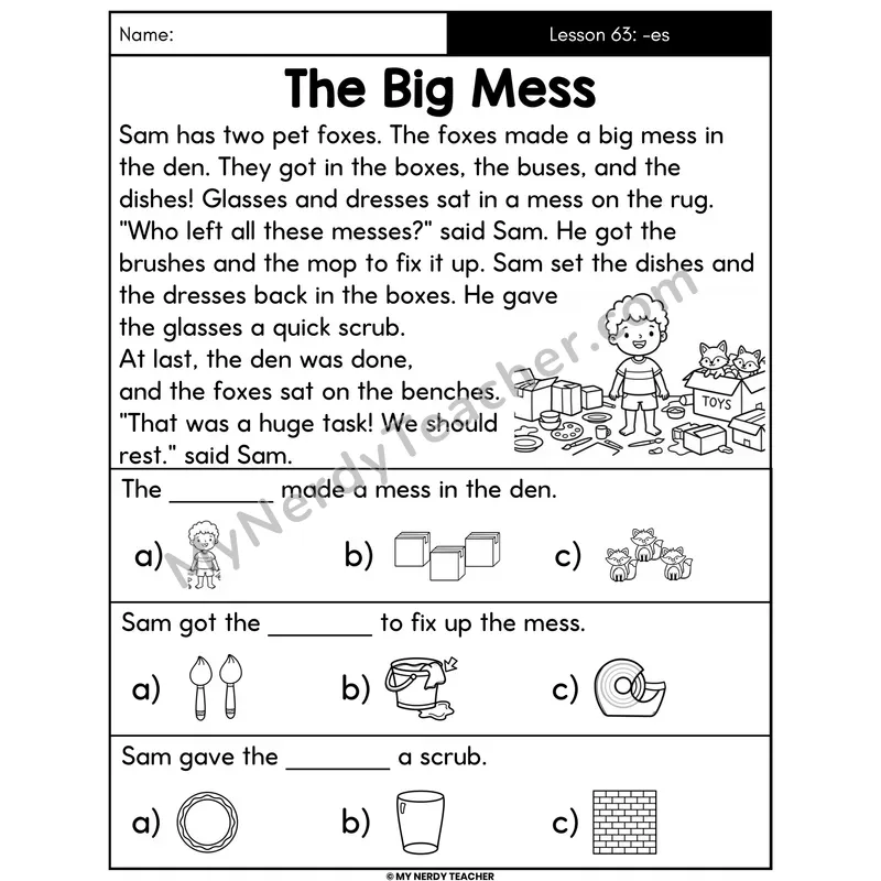 Suffix -es Decodable Passage - The Big Mess (Picture Choices)
