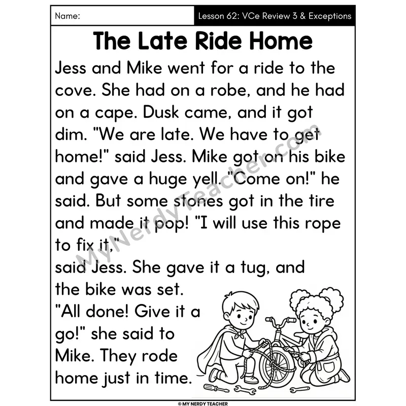 VCe Review 3 and Exceptions Decodable Passage - The Late Ride Home (Large Print)