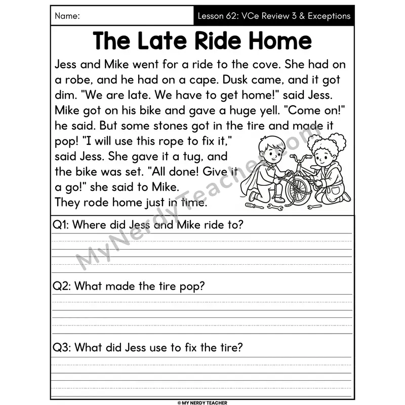 VCe Review 3 and Exceptions Decodable Passage - The Late Ride Home (Written Answers)