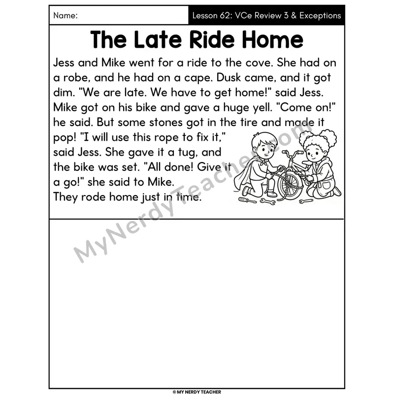 VCe Review 3 and Exceptions Decodable Passage - The Late Ride Home (Draw the Story)