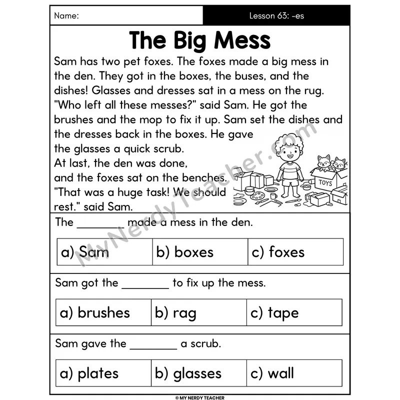 Suffix -es Decodable Passage - The Big Mess (Multiple Choice)