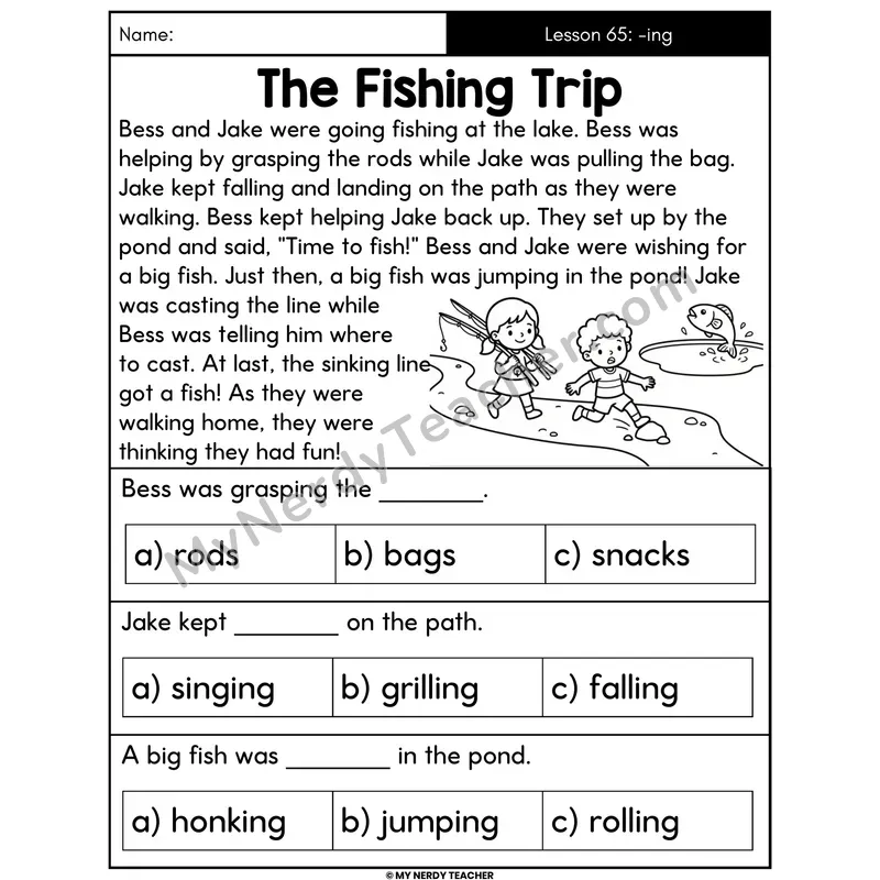 Suffix -ing Decodable Passage - The Fishing Trip (Multiple Choice)