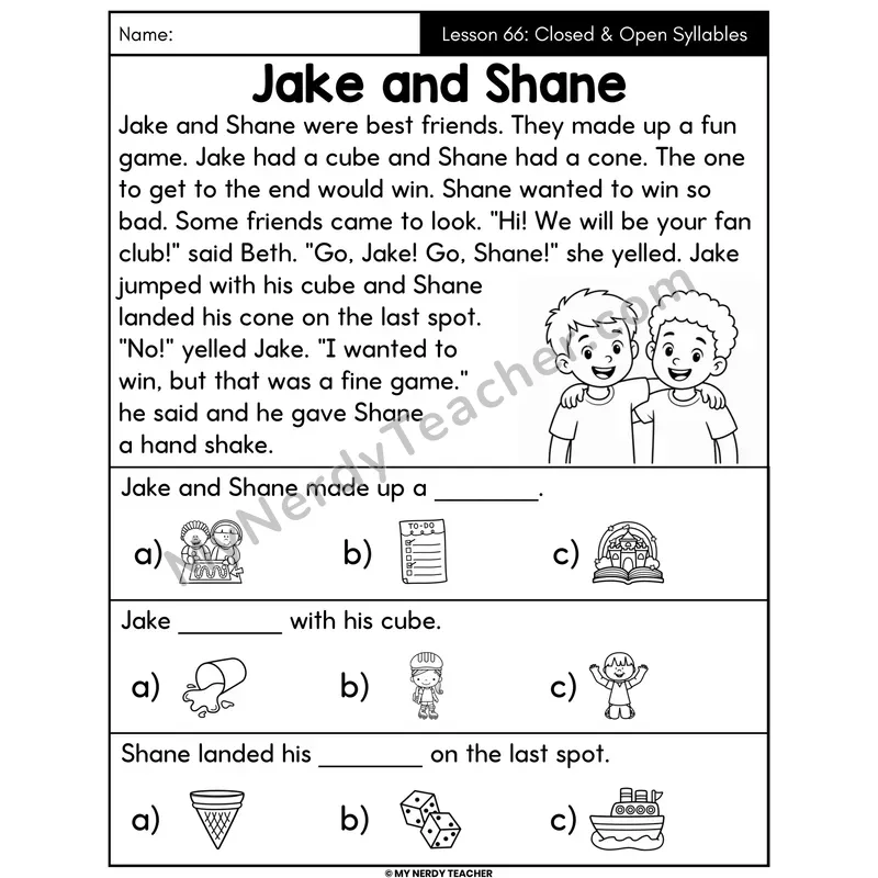 Closed and Open Syllables Decodable Passage - Jake and Shane (Picture Choices)