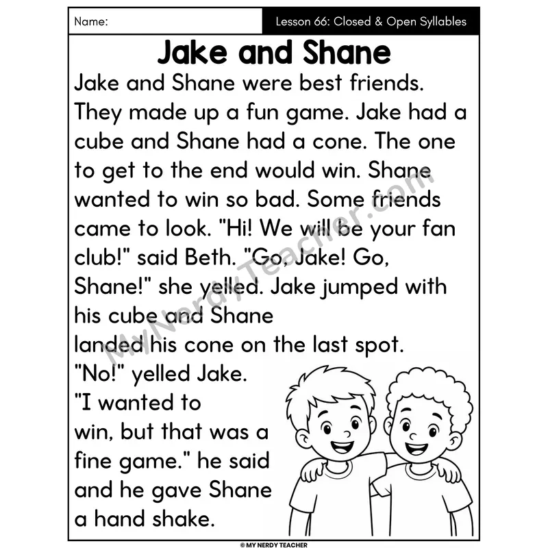 Closed and Open Syllables Decodable Passage - Jake and Shane (Large Print)
