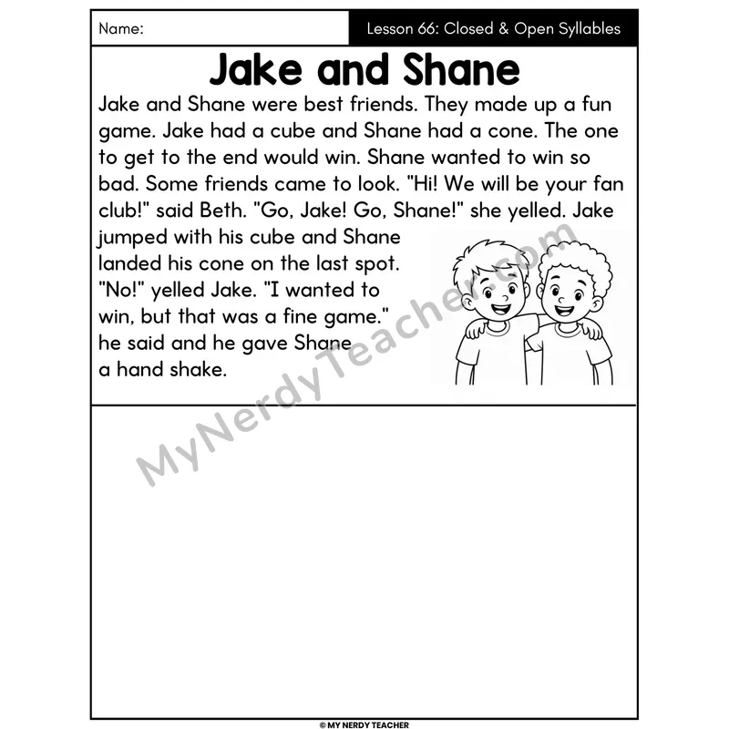 Closed and Open Syllables Decodable Passage - Jake and Shane (Draw the Story)