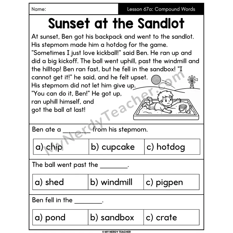 Compound Words Decodable Passage - Sunset at the Sandlot (Multiple Choice)