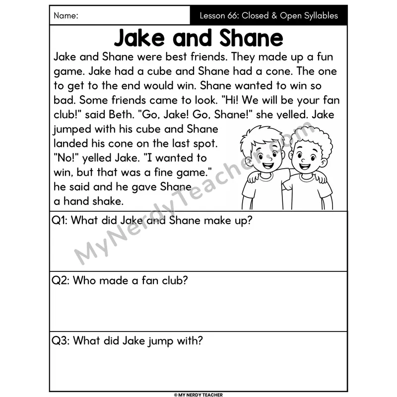 Closed and Open Syllables Decodable Passage - Jake and Shane (Answer Boxes)