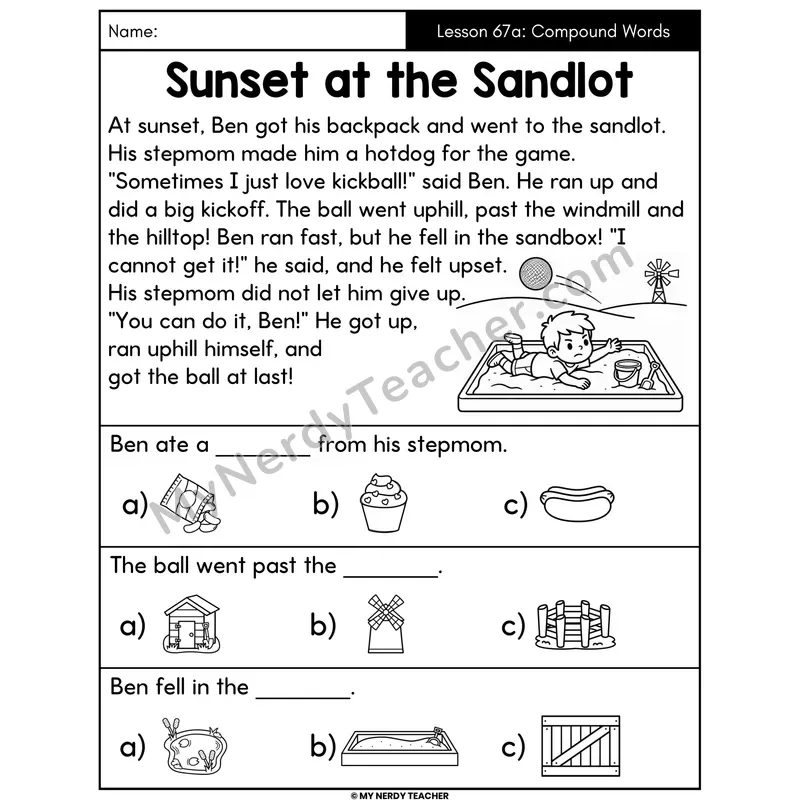 Compound Words Decodable Passage - Sunset at the Sandlot (Picture Choices)