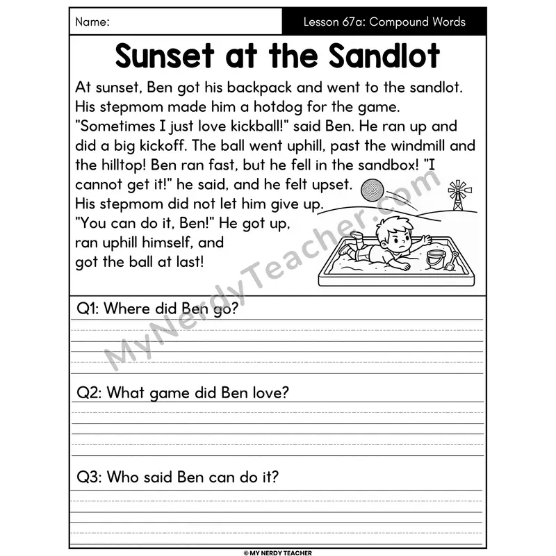 Compound Words Decodable Passage - Sunset at the Sandlot (Written Answers)