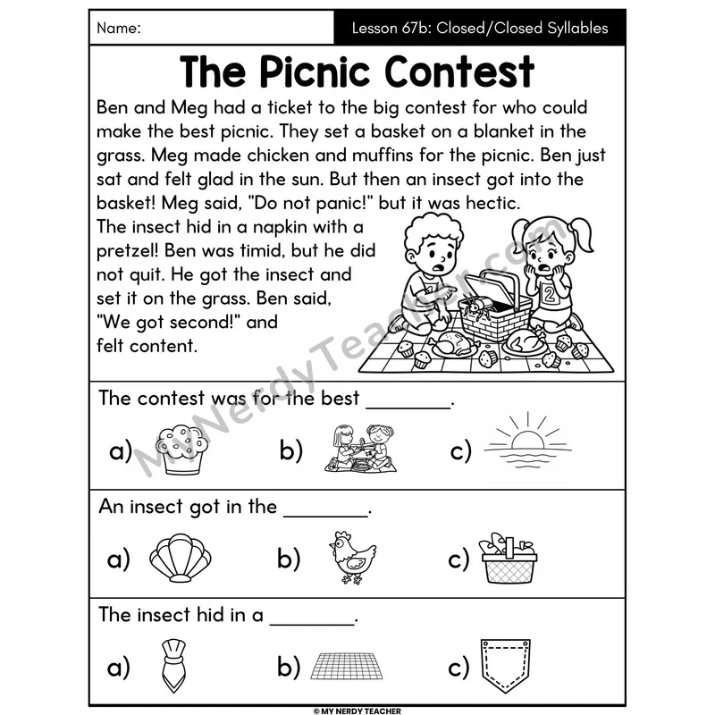 Closed-Closed Syllables Decodable Passage - The Picnic Contest (Picture Choices)